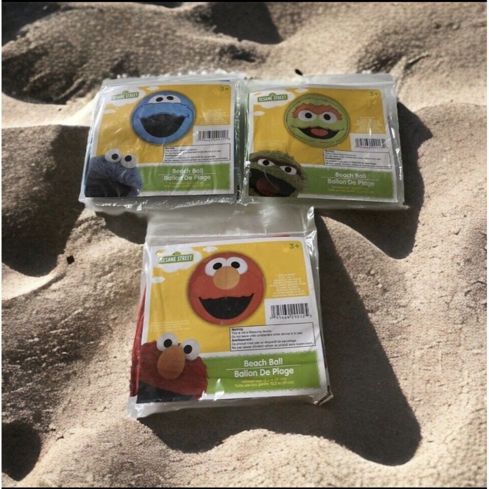 Sesame Street Beach Ball Lot of 3 Inflatable 12” Balls Oscar Elmo Cookie Monster